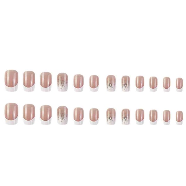 Nude falske negle tips firkantet fransk tryk på negle rhinestone medium længde slid kunstige negle til neglekunst manicure dekoration, 24 stk