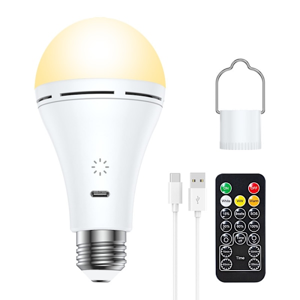 USB-C Laddningsbar Glödlampa med Fjärrkontroll, E26 9W Dimbar LED-lampa med Pekskärm och Timerfunktion, 3 Färger 1PC