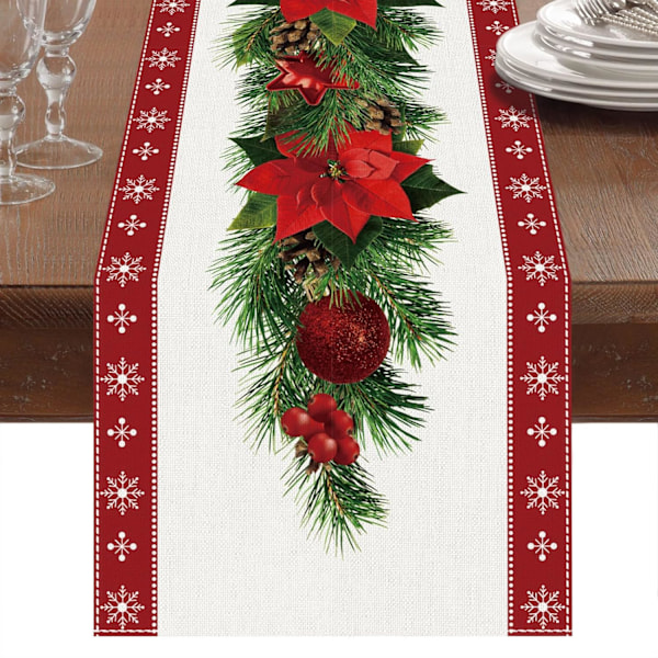 Röd Julbordstablett 183 x 33cm, Julbordstablett Safflor, Röd Linnebordstablett med Röd Blomma Julgran