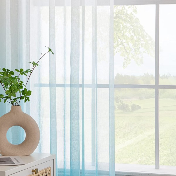 Gennemsigtige gardiner voile tynde gardiner med øjer farvegradient dekorative gardiner vinduesgardiner til soveværelse og stue, sæt med 2 Blue 132cm*214cm