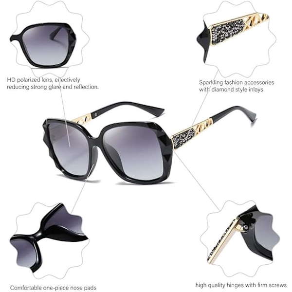 2 stk Oversized Polariserte Solbriller for Kvinner Trendy Klassiske Dame Solbriller UV400 Beskyttelse black and Brown