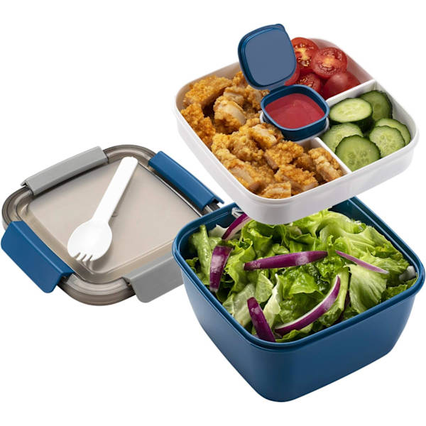 Salladslunchbehållare To Go, med 3 fack, för salladstoppingar, snacks, män, kvinnor blue