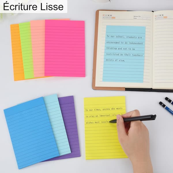 Farvede linjerede sticky notes, 100 x 150 mm, 8 blokke med 40 sider hver, selvklæbende noter egnet