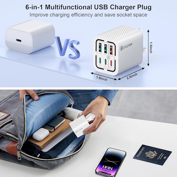 50W USB C-kontakt Snabbladdning 6-Port Multi USB-laddare Snabbladdningskontakt