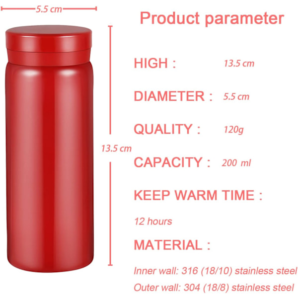 Liten Flaske, Søt Vannflaske, Vakuumisolert Flaske for Varm og Kald Drikke, Holder 12 timer Varm og 6 timer Kald (Rød, 200ml)