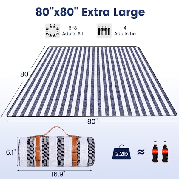 Piknikteppe Ekstra Stort, Vanntett og Sammenleggbart Strandteppe, for Camping, Park, Strand, Gress, Innendørs Blue & White