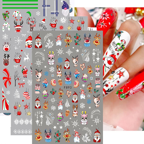 10 ark juleklistermærker til neglekunst selvklæbende，Snefnug Santa Snemand Negleforsyninger Juletilbehør
