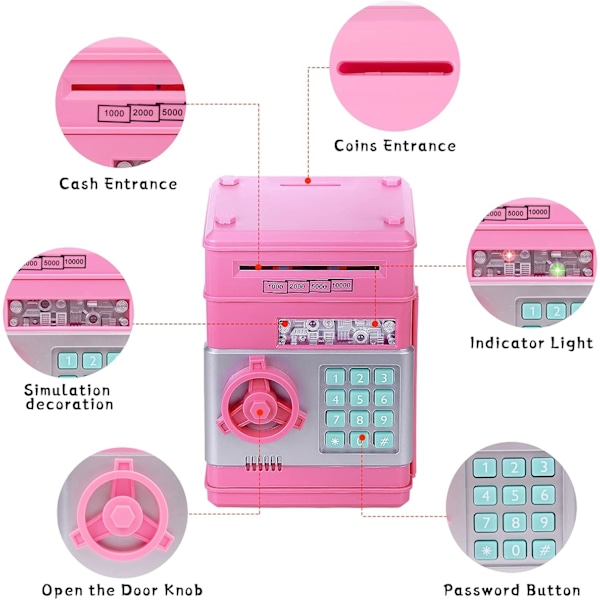 ATM-Spargris för Barn 3-12 år, Elektronisk Pengabank Säker Spargris för Flickor Pojkar, Lösenordspengsäker Spargris Pink