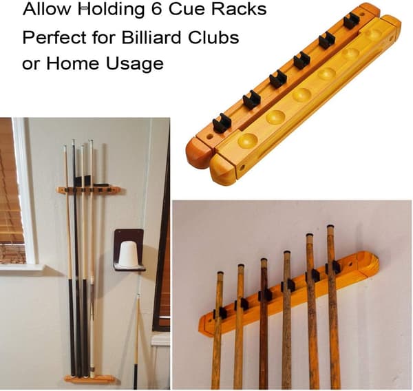Sæt med 6 træ pool kø holdere med 6 snooker kø clips gul