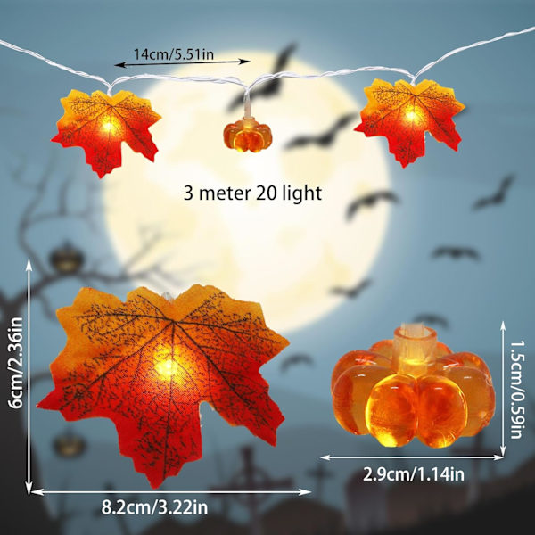Græskar Ahornblad Lys String Thanksgiving og Halloween Lys String 3 Meter 20 LED Lys String