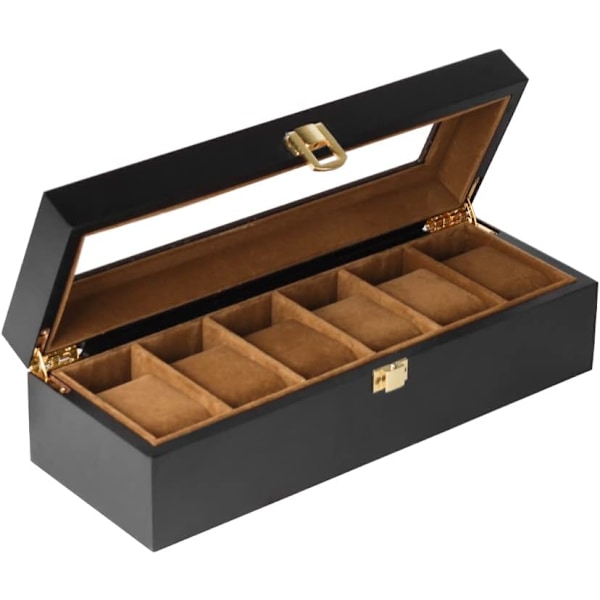 Urklocka för män, massiv träklocka displayförvaringslåda smyckesorganisatör med genomskinligt lock (6 fack, 31*20*8 cm)