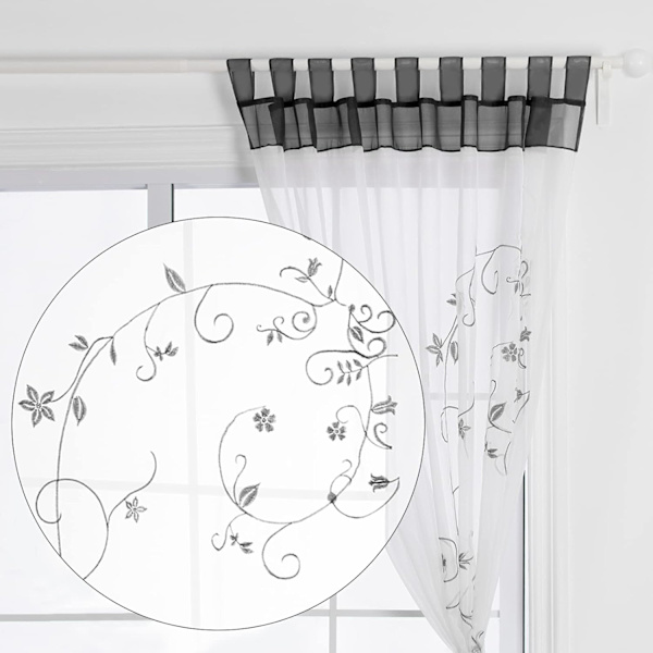 Blommiga genomskinliga gardiner Voile Broderi med flikar Fönsterpaneler för sovrum Vardagsrumsdekoration 2 paneler, Grå, L140cm x H225cm