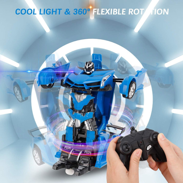 Transform RC Bil Robot, Uafhængig 2.4G Robot Deformations Bil Legetøj med Én Knap Transformation & 360 Hastighed Drifting 1:18 Skala blue B