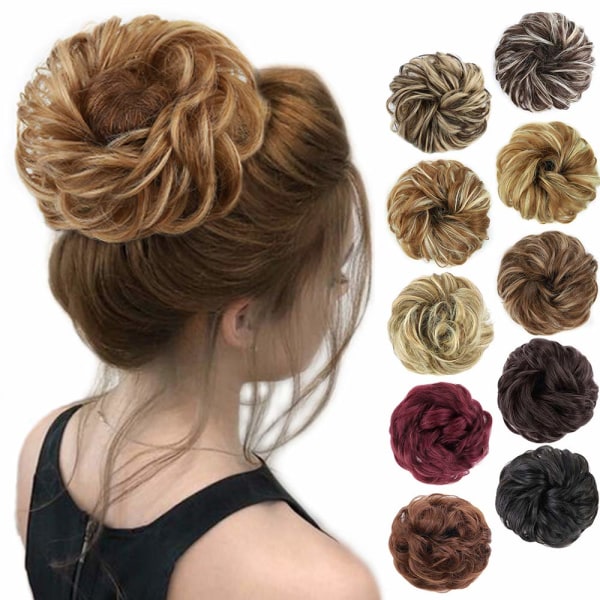 1PCS Messy Hair Bun Hair Scrunchies Extension Curly Wavy Messy Synthetic Chignon för kvinnor Updo Hairpiece Strawberry Blonde & Light Ash Brown