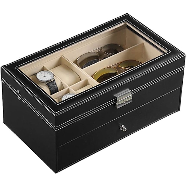 Läder 6 Klockbox Smyckeskrin och 9 Delars Förvaring för Glasögon och Solglasögon Glasögon Display Låsbar Box Organizer