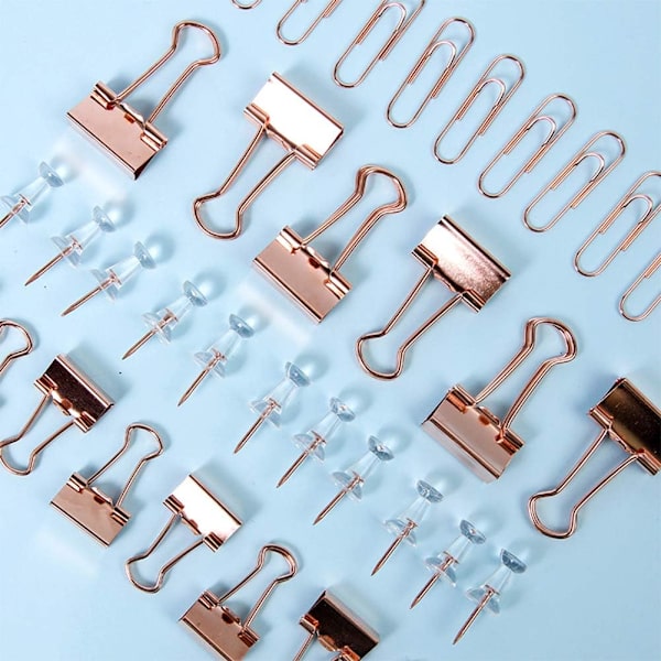 72-delars kontorsmaterialset, inklusive 22 st bindeklipp/30 st gem/20 st knappnålar, skolbordstillbehör med låda Rose Gold