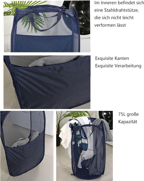Stor Vask Kurv Foldbar, Foldbar Vask Kurv Mesh Pop Up Navy blue 36*36*58cm