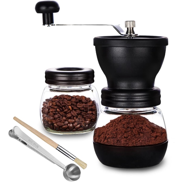 Manuell kaffebönkvarn med 2 glasburkar， kvarn med keramisk borr, handvev/handhållen, små bärbara kaffekvarnar med borste