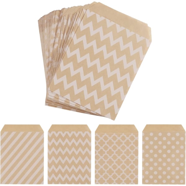 100-pack Kraftpappersgodispåsar, godis, kakfavoriter, snacks, buffé, livsmedelsbutik, omslag, 4 olika stilar utan vax, söta påsar, 13x18CM
