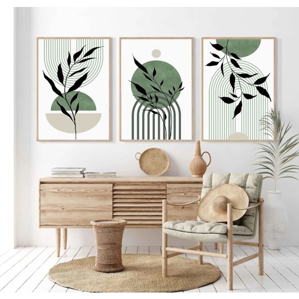 Mid Century Modern Väggkonst Set om 3 Salviagrön Canvas Väggkonst Boho Prints Grön Väggdekor, för Vardagsrum Sovrum