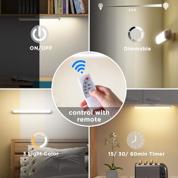 LED Dimbar Garderobelampe 34cm med Fjernkontroll, Berøring og Oppladbar Vegglampe, Justerbar LED Stripelys, med 3 Lysmoduser 4000K-6500K