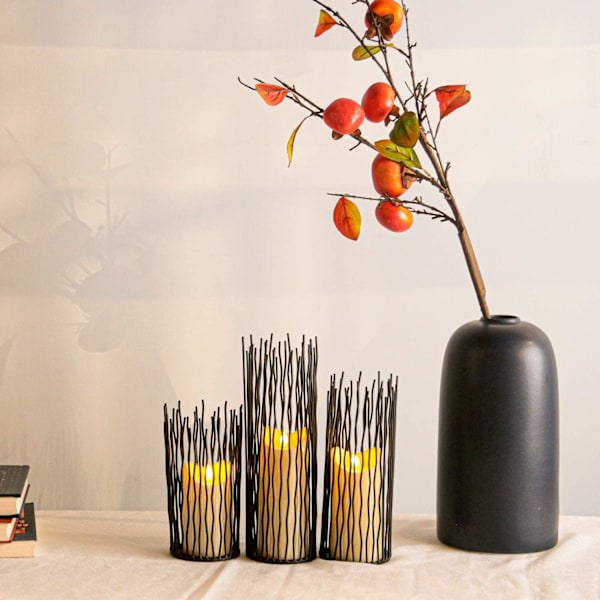 Willow Ljusstake Set om 3, Svart Metallpelarljusstakar för Bordscentrum Modernt Ljusstake