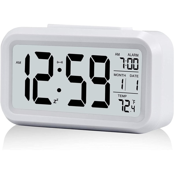 Digital väckarklocka, 12/24 timmars sängklocka med LCD-skärm, klocka med datum och kalendertemperatur White