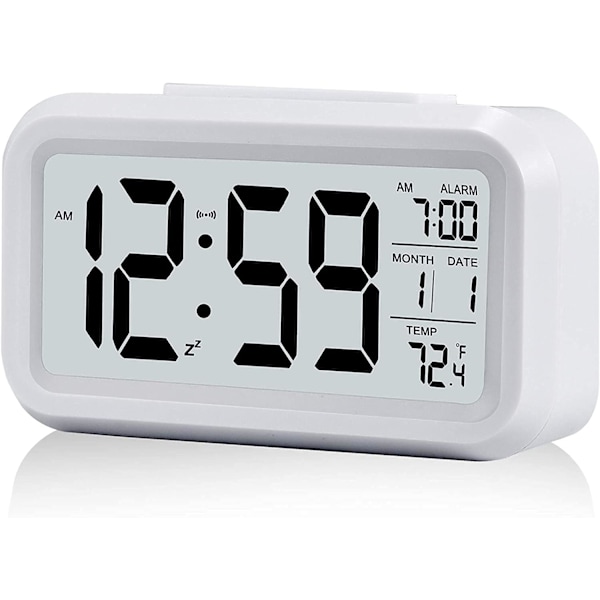 Digitalt vækkeur, 12/24 timers sengeur med LCD-baggrundsbelyst display, ur med dato, kalender og temperatur White