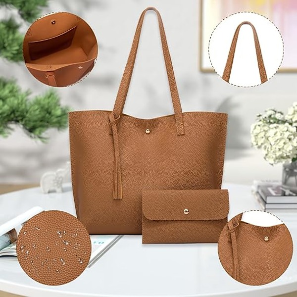 Stor Damväska, Stor Collegeväska för Laptop, Axelväska, Tote Shopper Väska, Stor Väska, PU-Läder Tote Väska, 2-pack Marrón