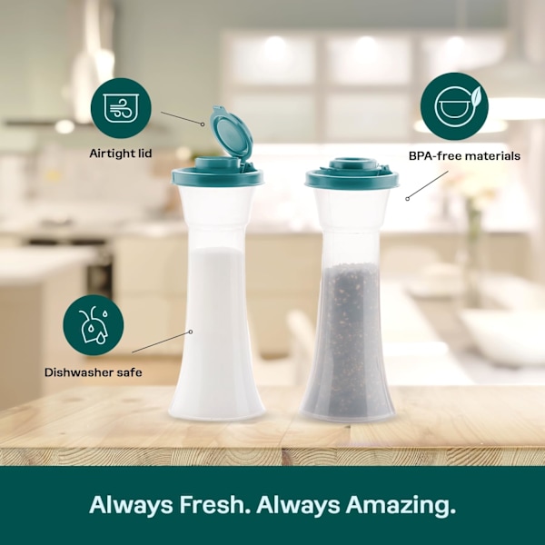 Salt og pepper 2-shaker sett, lufttette lokk, BPA-fri, tåler oppvaskmaskin