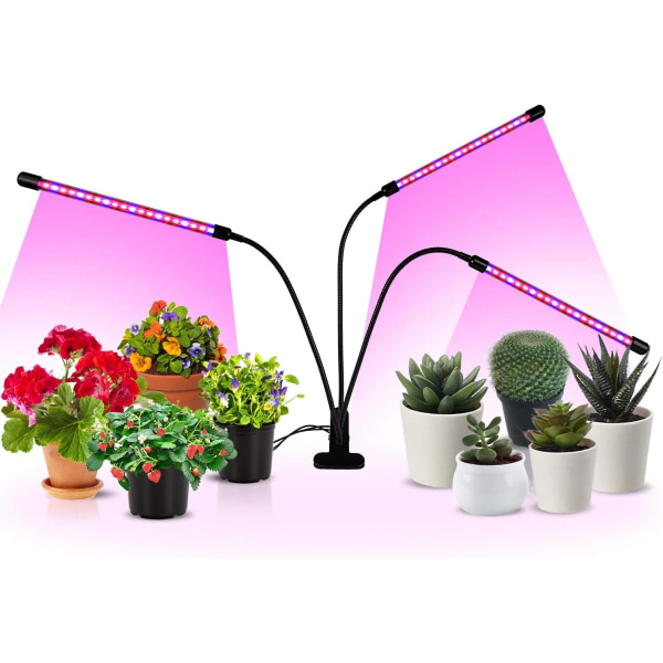 Trippelhuvud 15W LED-växtljus, automatisk ON/Off, 3/9/12H timer, Red Blue Spectrum, Svanhalslampa, 11 dimbara nivåer för inomhusväxter