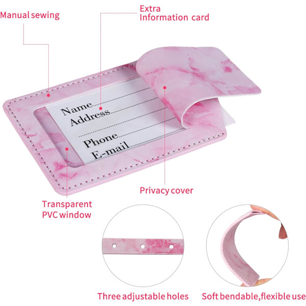 Matkatavaramerkit 2/4 pakkaus, Matkatavaroiden turvallinen merkinnät, PU-marmori matkatavaramerkit, Matkalaukun tunnusmerkkisarja, katoamisen estämiseksi pink