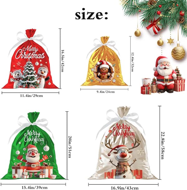 4 st julpåsar, julklappspåsar i multipack, små, medelstora, stora och extra stora julklappspåsar för presenter jul