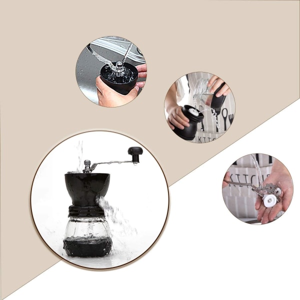 Manuell kaffebönkvarn med 2 glasburkar， kvarn med keramisk borr, handvev/handhållen, små bärbara kaffekvarnar med borste