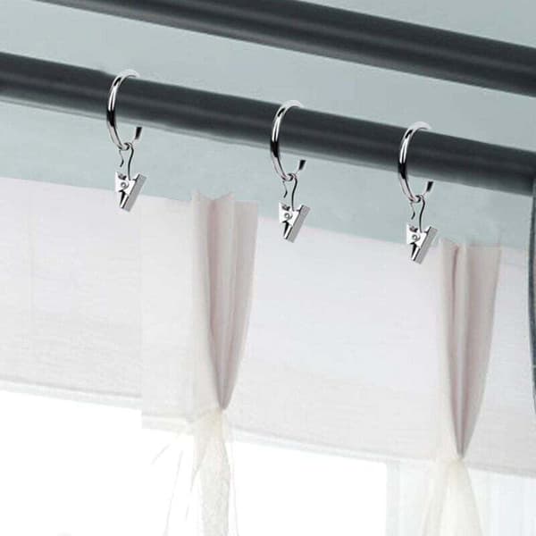 30 st Gardinringar med Clips, Starka Draperiklämmor, Krokar på Spännstångsfäste - Silver