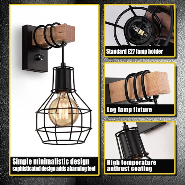 Industriell Rustik Vägglampa Dimbar Inomhus Bur Vägglampa med Strömbrytare E27 Vintage Svart Vägglampa (Glödlampa Ingår Inte)