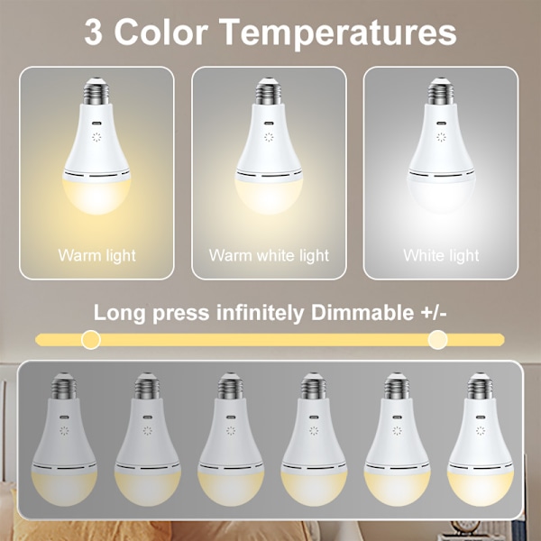 USB-C Laddningsbar Glödlampa med Fjärrkontroll, E26 9W Dimbar LED-lampa med Pekskärm och Timerfunktion, 3 Färger 1PC