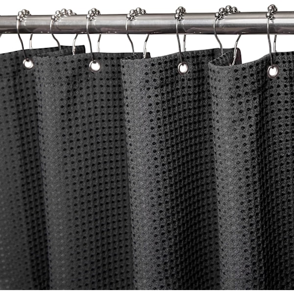 Waffle-kuvioinen suihkuverho, suihkuverhon renkaat ja kylpyammeen verhosetti Black 1*1.8m