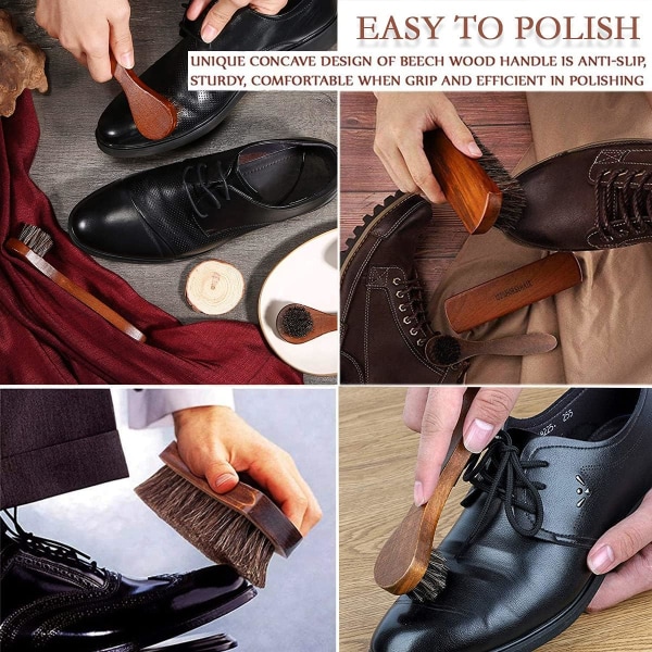 Skobørste Boot Brush Polish Brushes Kit, Hestehår Skobørstesæt med håndtag
