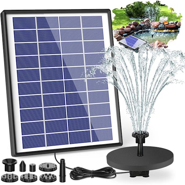 Solcellsdriven Fontänpump för Utomhus 5W Flytande Solvattenfontän 6 Munstycken för Fågelbad, Akvarium, Damm eller Trädgårdsdekoration