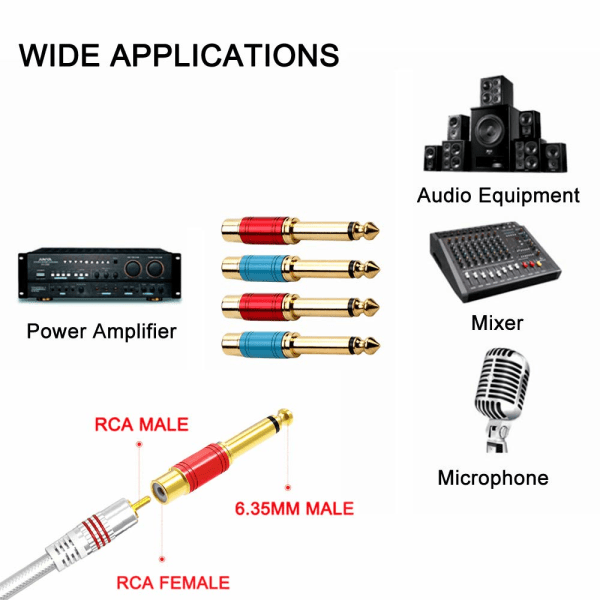 4 kappaletta 6,35 mm (1/4 tuumaa) uros-RCA-naaras-audioadapteri kullattu (punainen ja sininen)