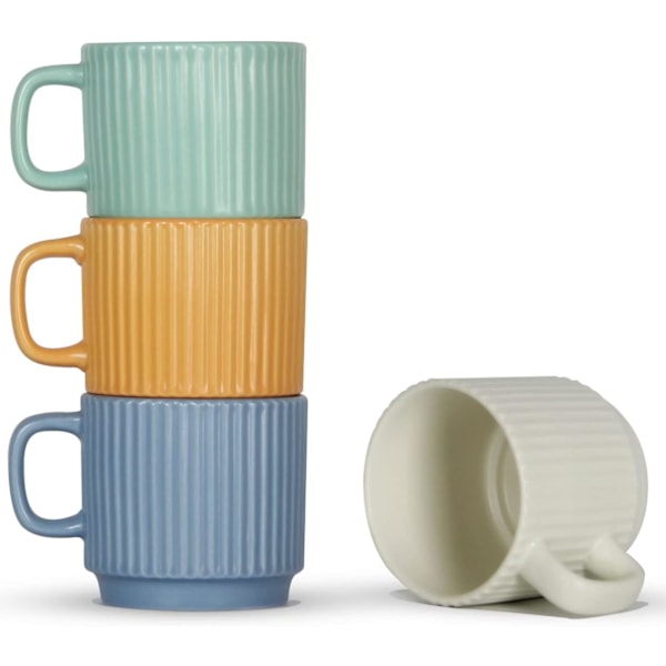 Stapelbara Kaffekoppar Set om 4, 7 OZ Espresso Keramik Koppar för Latte Cappuccino Cocoa med Handtag, Färgglada