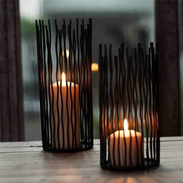 Willow Ljusstake Set om 3, Svart Metallpelarljusstakar för Bordscentrum Modernt Ljusstake