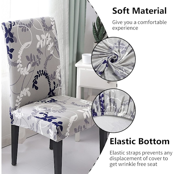 Ruokailuhuoneen tuolinpäälliset, irrotettavat ja pestävät tuolin suojukset, 4 tai 6 kappaleen sarja grey Blue White Leaves 4pcs