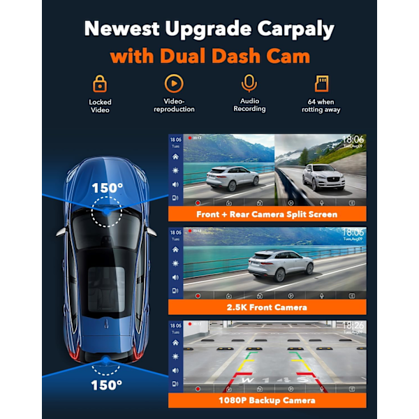 9'' Carplay Skærm til Bil med 2.5K Dash Cam, 1080p Bakkamera, Trådløs CarPlay Android Auto Skærm med Mirror Link