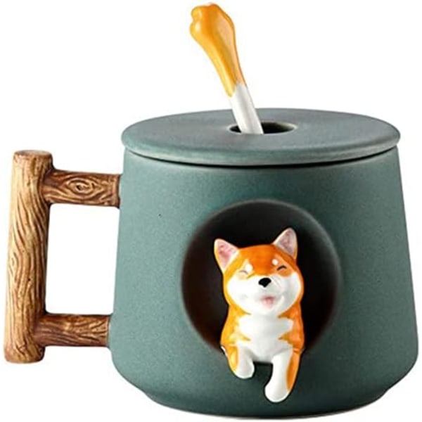 3D Söpö Koirakahvimuki Keraamiset Teekupit Kannella ja Lusikalla Sarjakuva Shiba Inu Kuppi Upotettu Eläin Ulkopuolella Aamumuki 420ML Dark green