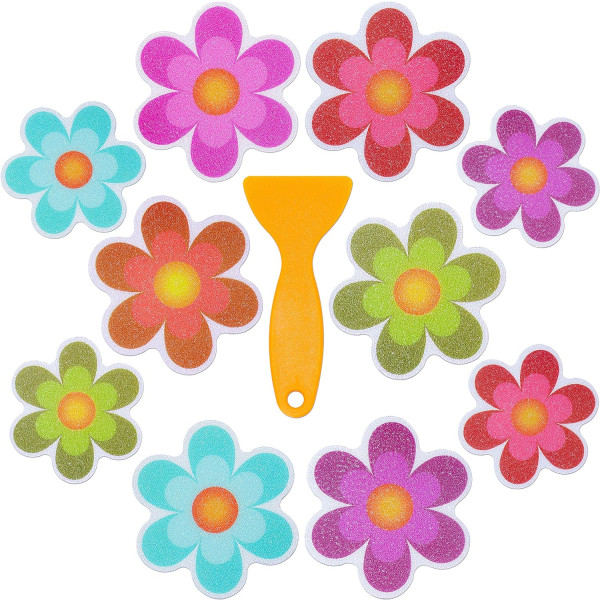 Pack of 10 Waterproof Non-Slip Shower Stickers with Premium Scraper (Flower Design, Size 9.5 x 9.5 cm)