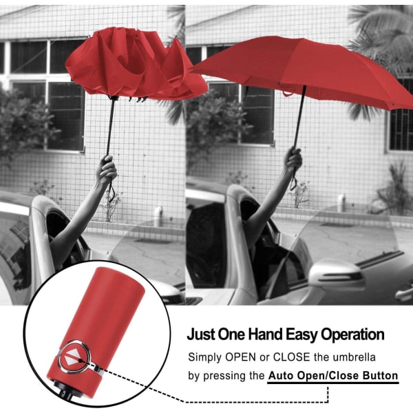Paraply vindtätt reseparaply Kompakt hopfällbart omvänt paraply Red