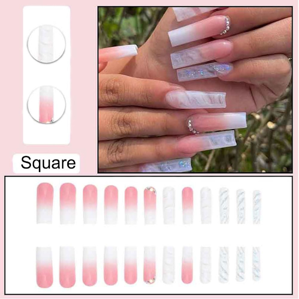 Ombre Pink White Paina Kynnet Pitkät Neliö, Glitter Tekokynnet Strassilla Design Geeli Liima Kynnet