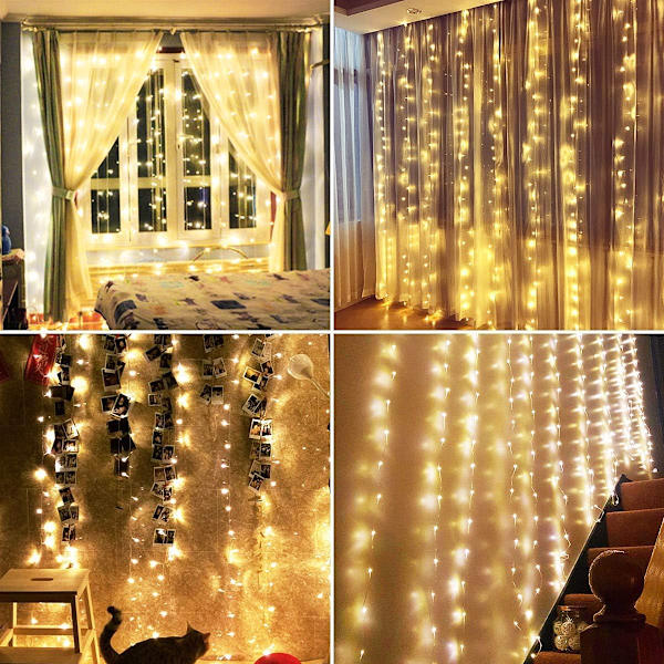 LED-gardinlampor, fönstergardin ljusslinga 3mx3m 300 lysdioder USB-drivna 8 lägen istapp LED-ljusslinga med fjärrkontroll och timer Warm White